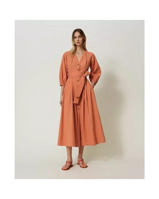Twin Set Orange Baumwoll-chemisier-kleid mit v-ausschnitt