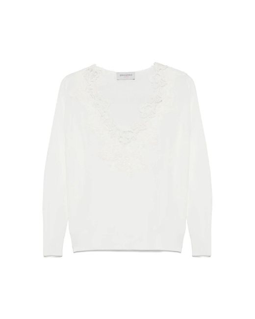 Ermanno Scervino White Weiße V-Ausschnitt Bestickter Pullover