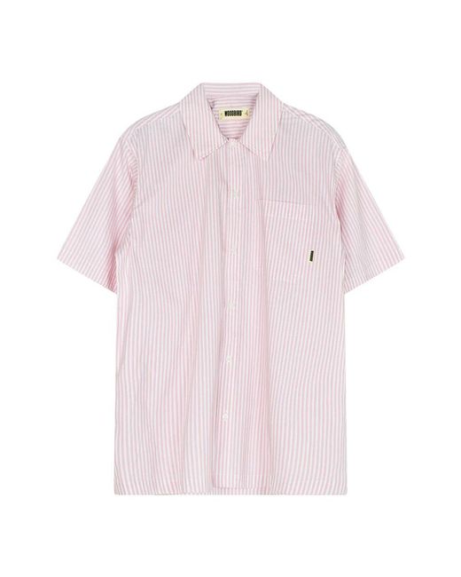 Woodbird Rosa Gestreiftes Kurzarm-Baumwollhemd in Pink für Herren