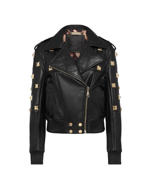 Philipp Plein Jassen ,Zwart ,Leer Leren Bomberjack in het Black