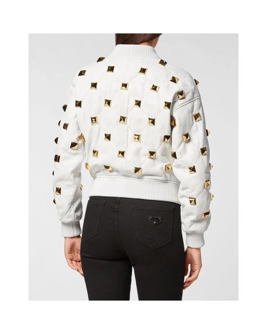 Philipp Plein Jassen ,Wit ,Leer Leather Bomber Matelassè Studs in het White