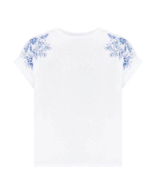 T-shirt con ricamo floreale in cotone e polos di Twin Set in White
