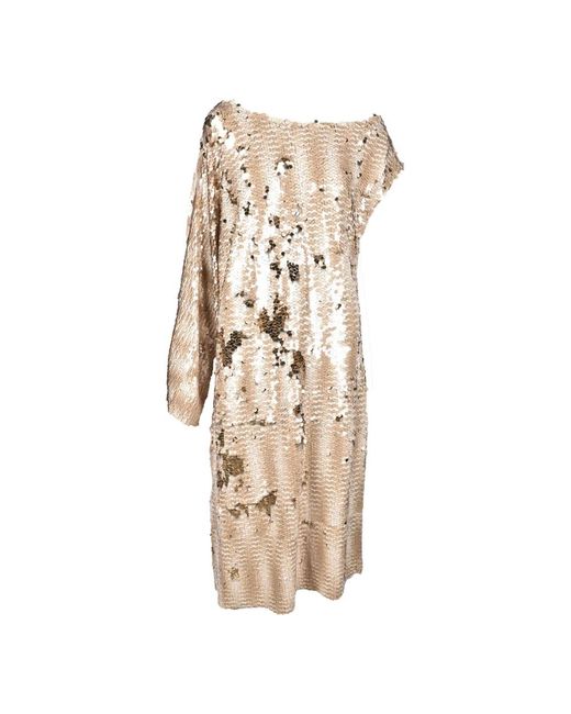 Erika Cavallini Semi Couture Natural Pailletten Langes Kleid Mit Asymmetrischen Ärmeln