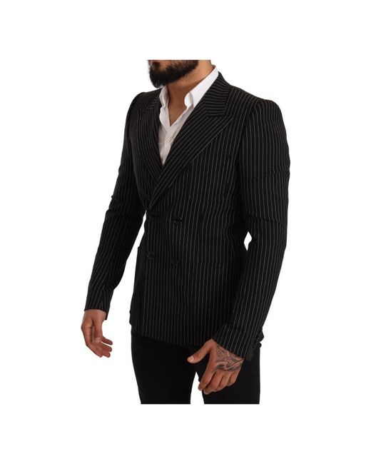 Dolce & Gabbana Kostuums ,Zwart ,Wol Gestreepte Peak Revers Blazer in het Black voor heren