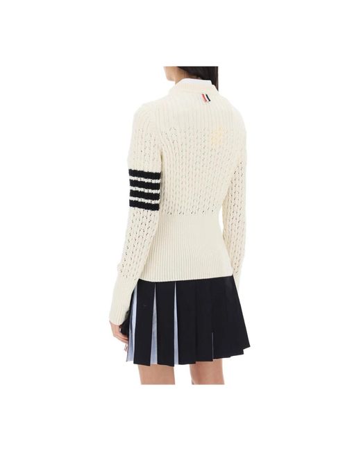 Thom Browne White Merinowoll-sweater mit pointelle-strick und 4 bar motiv