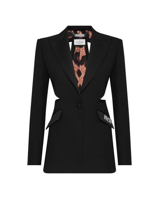 Philipp Plein Jassen ,Zwart ,Leer Envers Satin Cutting Fitted Blazer in het Black