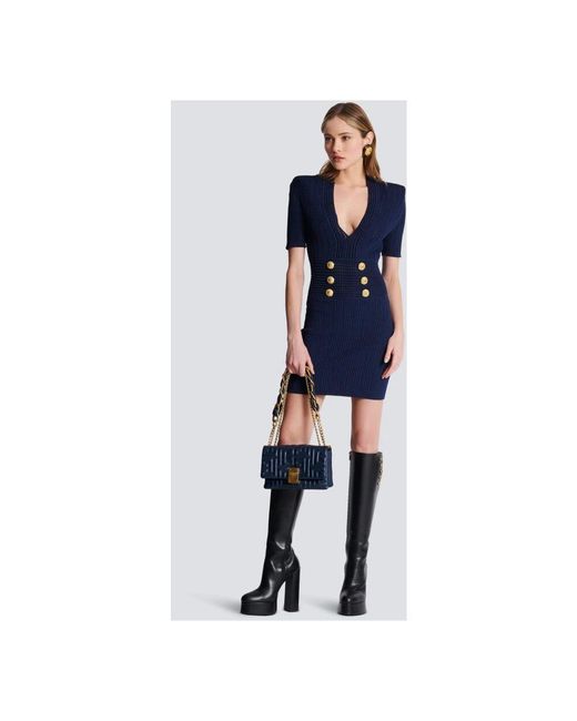 Abito mini in maglia a coste blu navy di Balmain in Blue
