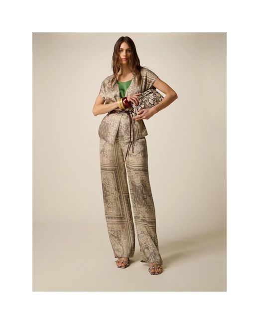 Oltre Broeken ,Polyester Patterned Satin Palazzo Pants in het Natural