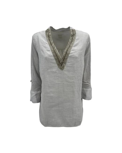 120% Lino Overhemden ,Wit ,Linnen Parel Linnen Blouse Met Kralenversieringen in het Gray
