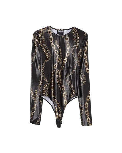 Versace Jeans Couture Chain Print Lange Mouwen Bodysuit in het Black