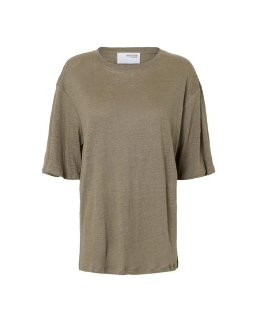SELECTED Tops ,Groen ,Linnen Linnen T-Shirt Vetiver Relaxte Pasvorm in het Natural