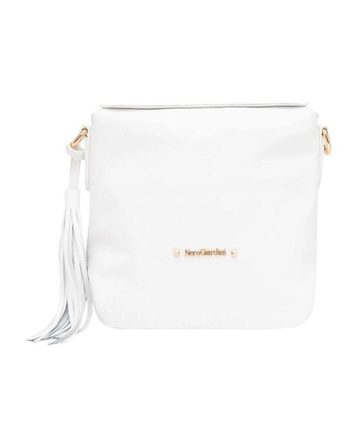 Nero Giardini White Weiße Lederschultertasche Mit Stoffriemen