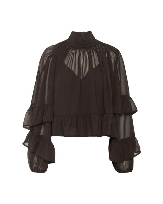 Gestuz Overhemden ,Bruin ,Elegante Mesh Blouse Met Ruches in het Black