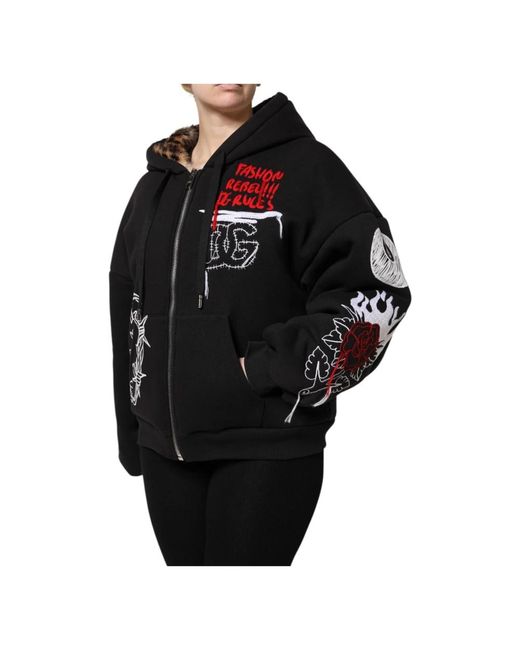 Dolce & Gabbana Hoodies & Sweatvesten ,Zwart ,Katoen Zwarte Geborduurde Rits Hoodie in het Black