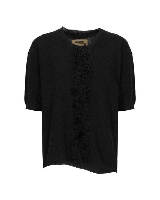 Uma Wang Black Schwarzer Baumwollseidenpullover Mit Fransen