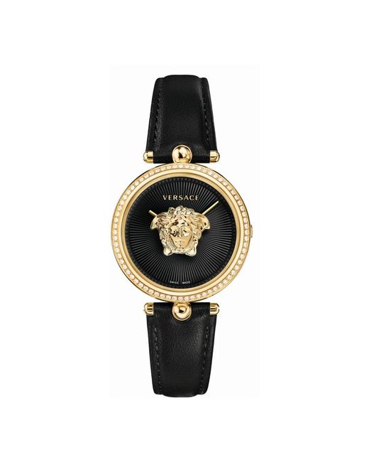 Versace Metallic Uhr palazzo empire schwarz leder gold 68 diamonds 34mm vecq00818