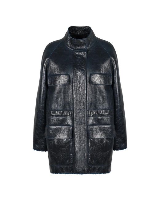 Fendi Jassen ,Blauw ,Raglan Leren Jas Met Trekkoord Taille in het Black
