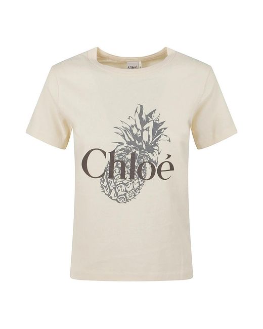 Chloé Tops ,Katoen Ananas Print Crew Neck T-Shirt in het Natural