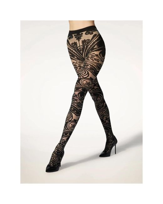 Wolford Ondergoed ,Zwart ,Wol Tattoo Print Sheer Zwarte Panty's in het Black