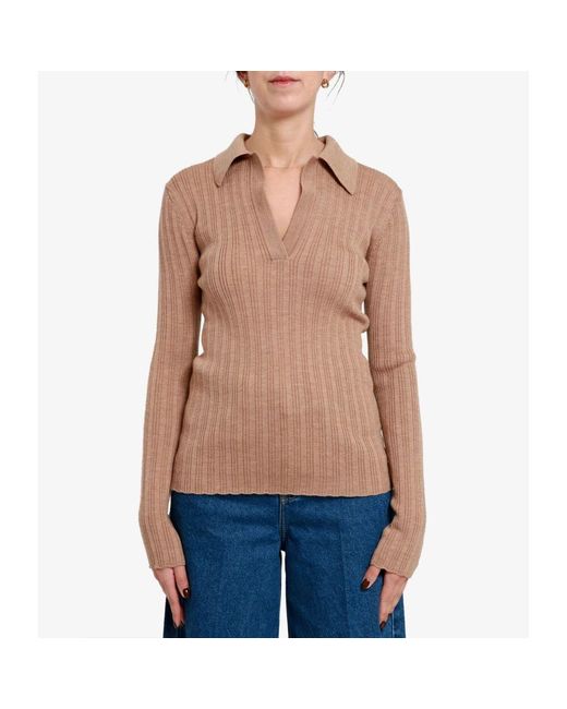 Erika Cavallini Semi Couture Pink Brauner wollpullover mit v-ausschnitt