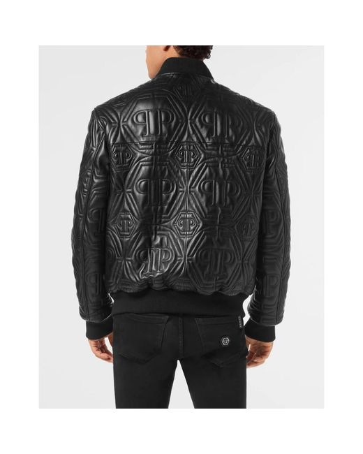 Philipp Plein Jassen ,Zwart ,Leer Embossed Leather Bomber Monogram in het Black voor heren