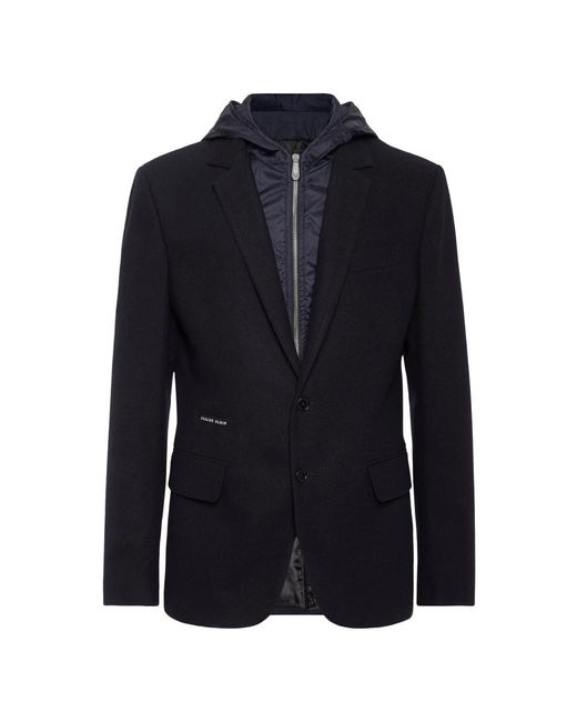 Philipp Plein Jassen ,Blauw ,Wol Waterafstotende Wollen Hooded Blazer in het Blue voor heren