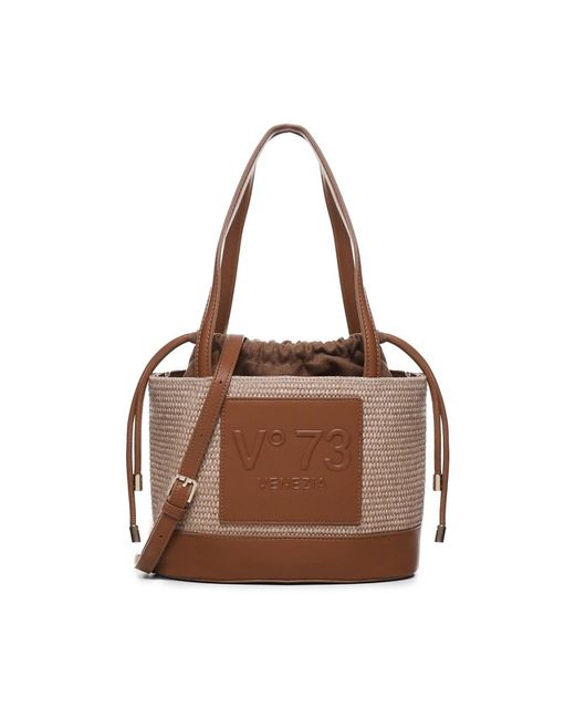 V73 Brown Strohkorb-Tasche Mit Kordelverschluss
