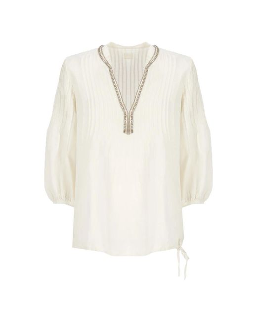 Blusa de lino marfil con detalle de strass 120% Lino de color White
