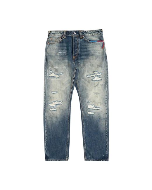 Evisu Jeans ,Blauw ,Denim 7-Pocket Washed Seagull Embroidered Jeans in het Blue voor heren