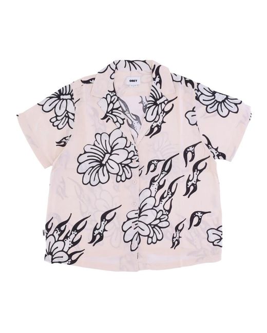 Obey Overhemden ,Veelkleurig ,Flamin Flowers Korte Mouw Shirt in het Pink