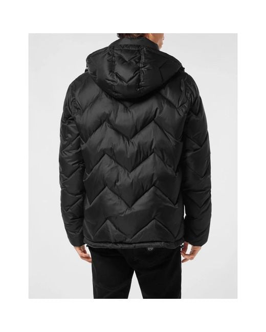 Philipp Plein Jassen ,Zwart ,Nylon Nylon Short Puffer Jacket Zigzag in het Black voor heren