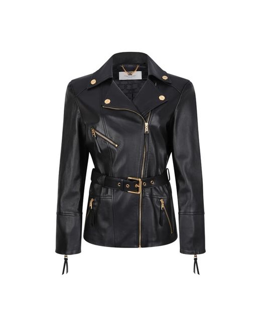 Elisabetta Franchi Black Belted Leather Jacket