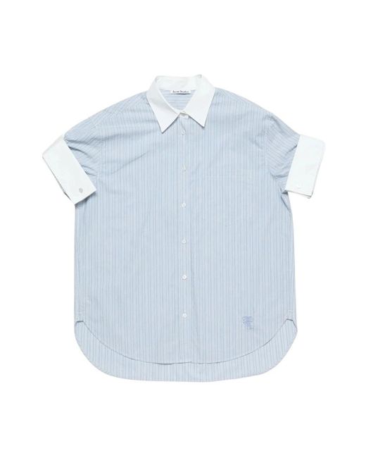 Acne Overhemden ,Blauw ,Katoen Gestreept Kort Overhemd Met Logoborduursel in het Blue