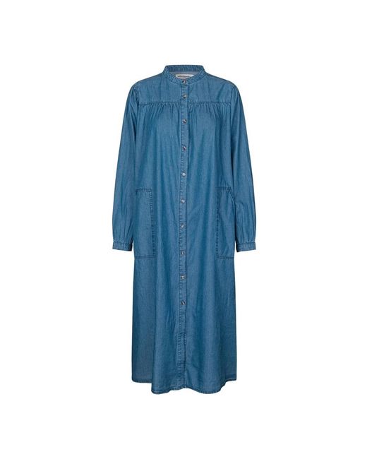 Lolly's Laundry Kleedjes ,Blauw ,Katoen Blauwe Jurk Met Lange Mouwen En Mandarin Kraag in het Blue