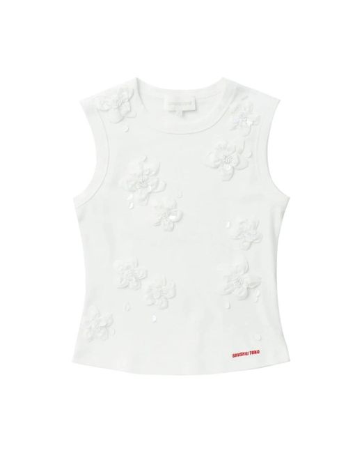 ShuShu/Tong White Blumenapplikation perlenverziertes ärmelloses t-shirt