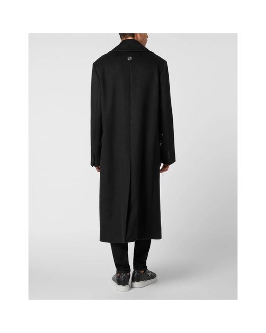 Philipp Plein Jassen ,Zwart ,Wol Herringbone Wool Double-Breasted Long Coat in het Black voor heren