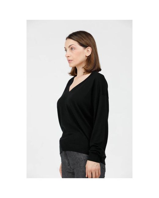 Alpha Studio Truien & Vesten ,Zwart ,Kasjmier V-Hals Gebreide Top Met Lange Mouwen Met Moerbeizijde En Kasjmier Detail in het Black