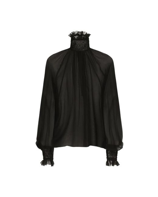Dolce & Gabbana Black Schwarzer seidiger durchsichtiger gerüschter pullover