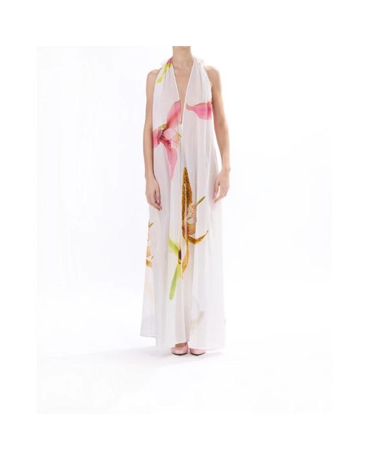 Genny Kleedjes ,Wit ,Katoen Orchid Print Lange Katoenen Jurk in het Pink