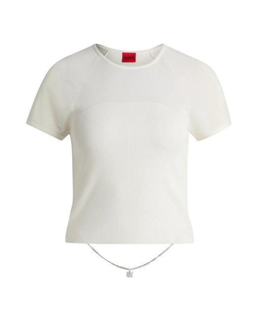 HUGO Tops ,Geribbelde Gebreide Doorschijnende Crop Top in het White