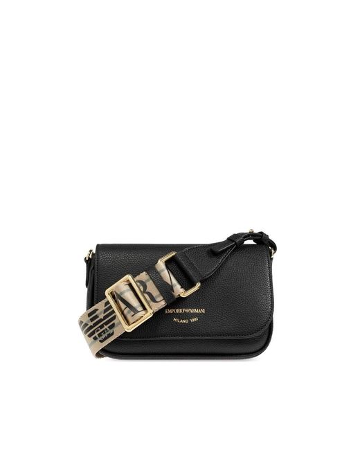 Emporio Armani Black Schwarze logo-print schultertasche mit goldfarbener hardware