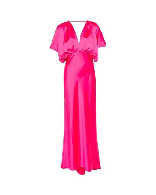 Vestido de satén con escote en v y detalles plisados Pinko de color Pink