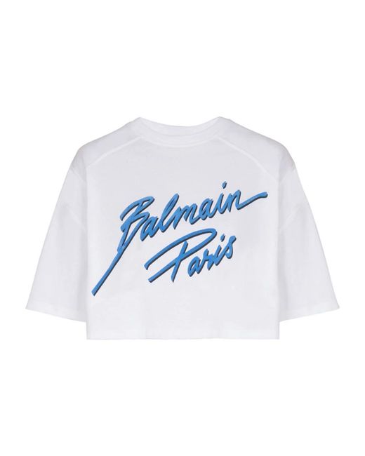 Balmain Geknipte T-Shirt Met Flock Letter Logo in het Blue