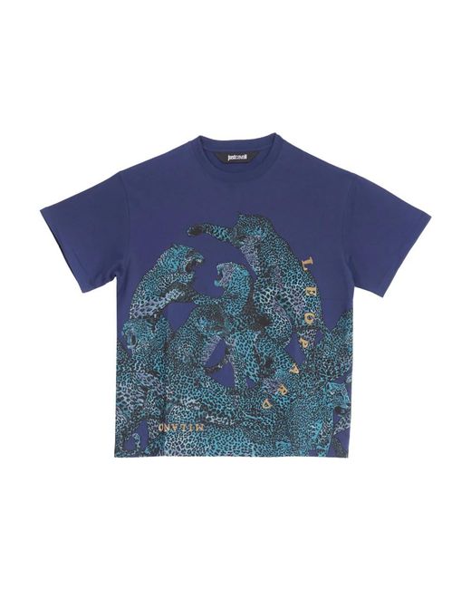 Just Cavalli Tops ,Blauw ,Katoen Luipaardprint Blauw T-Shirt in het Blue voor heren