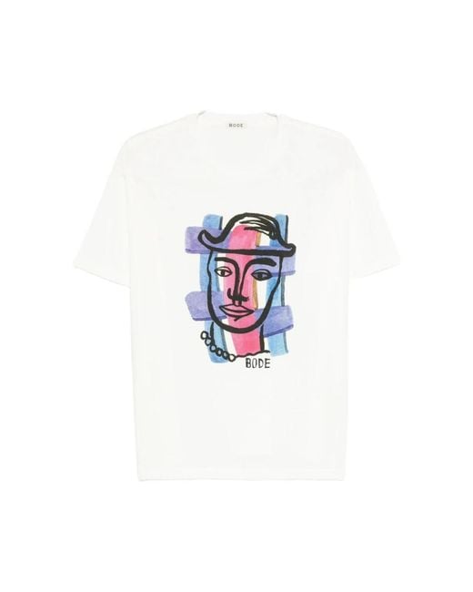 Bode Tops ,Wit ,Katoen Abstract Gezichtsprint T-Shirt Met Hoeddetail in het Blue voor heren