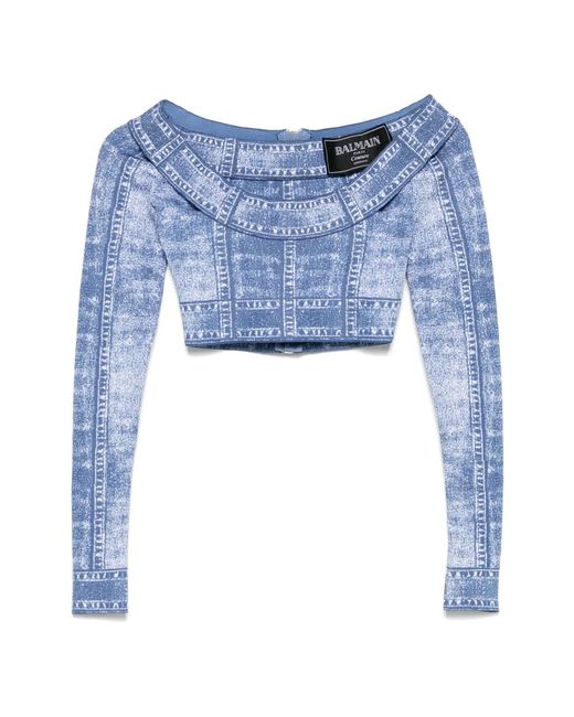 Top a maniche lunghe effetto denim con logo di Balmain in Blue
