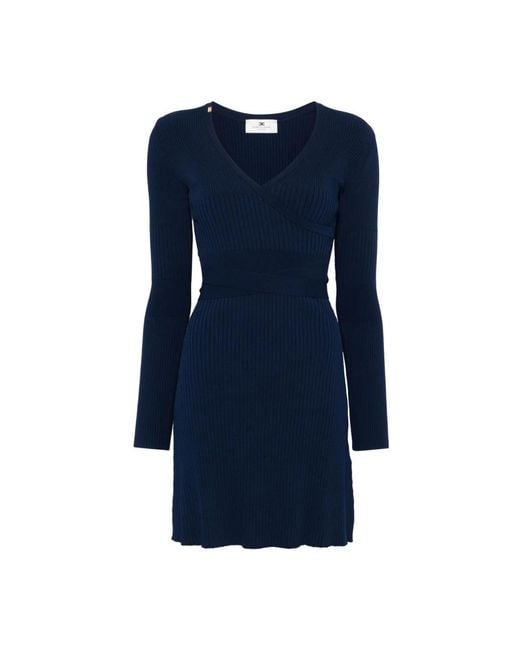 Elisabetta Franchi Blue Blaues geripptes v-ausschnitt minikleid
