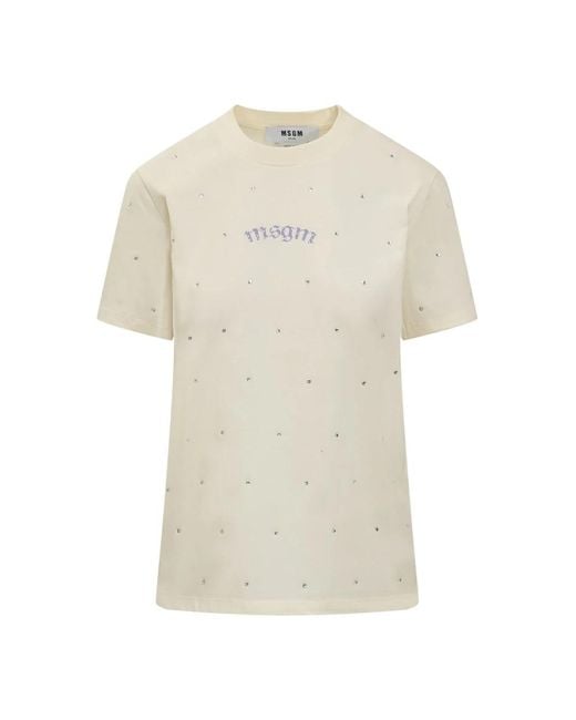 MSGM Tops ,Katoen T-Shirt Met Strasslogo En Ronde Hals in het Natural