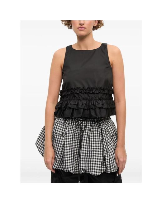 Ganni Overhemden ,Zwart ,Nylon Duchesse Nylon Frill Top in het Black