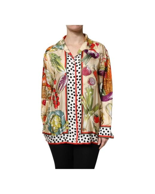 Dolce & Gabbana Multicolor Buntes Gemüse Seiden Langarm Top